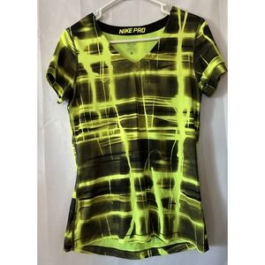 Nike Pro DriFit Neon Green Geometric Fitted Short‎ Sleeve Shirt Women's Large